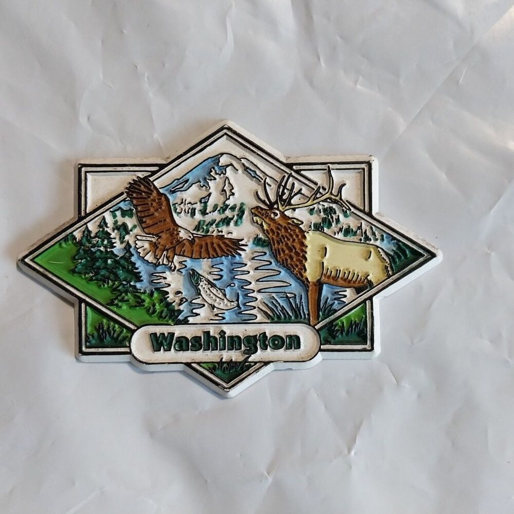 Washington State Fridge Magnet Eagle  Fish  Elk ?